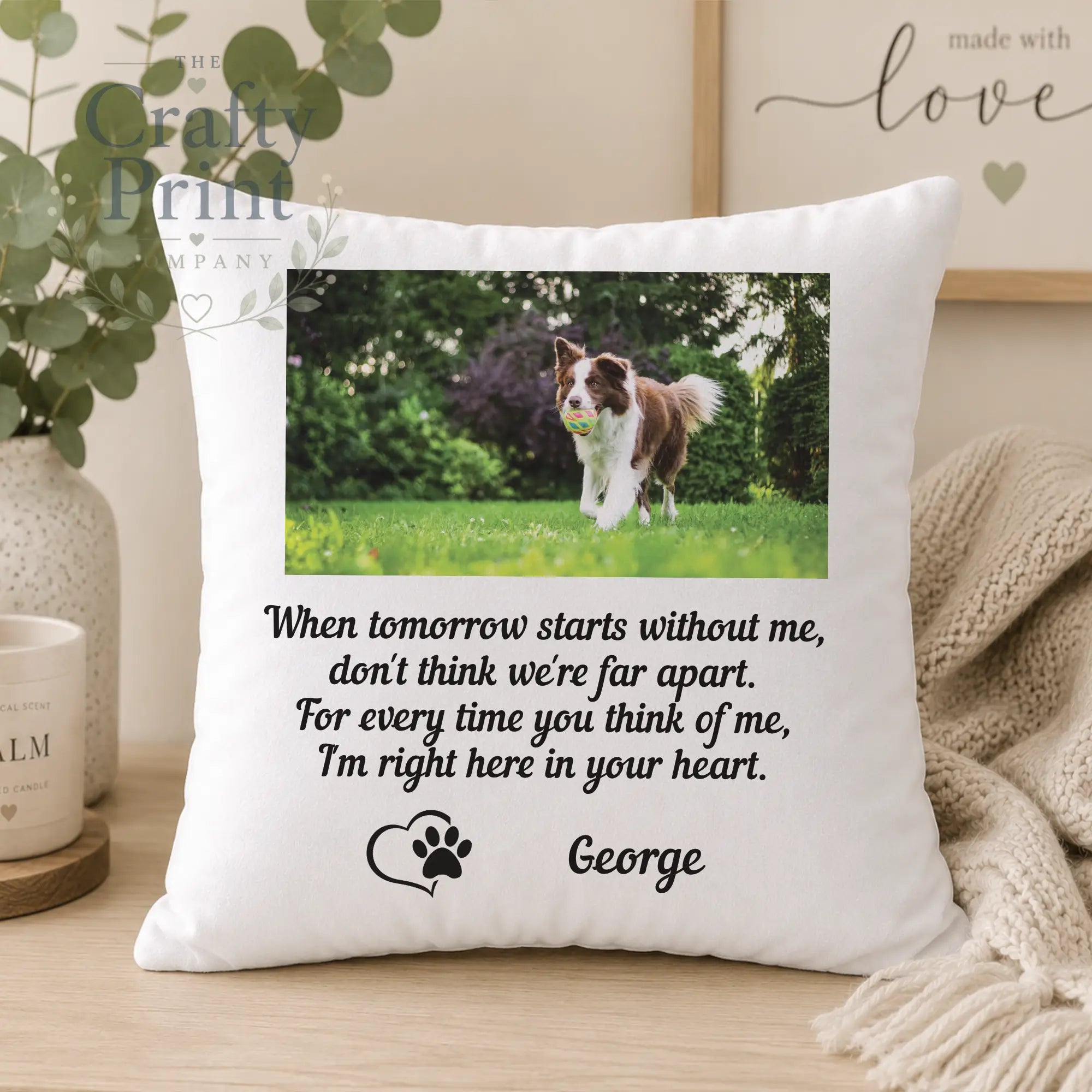 White square cushion cover with printed border collie and heartfelt personalised cushion text on premium sublivelvet