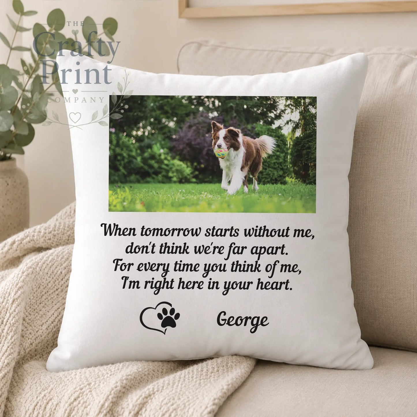 White square cushion cover featuring a brown and white border collie with ball and heartfelt personalised text on premium sublivelvet