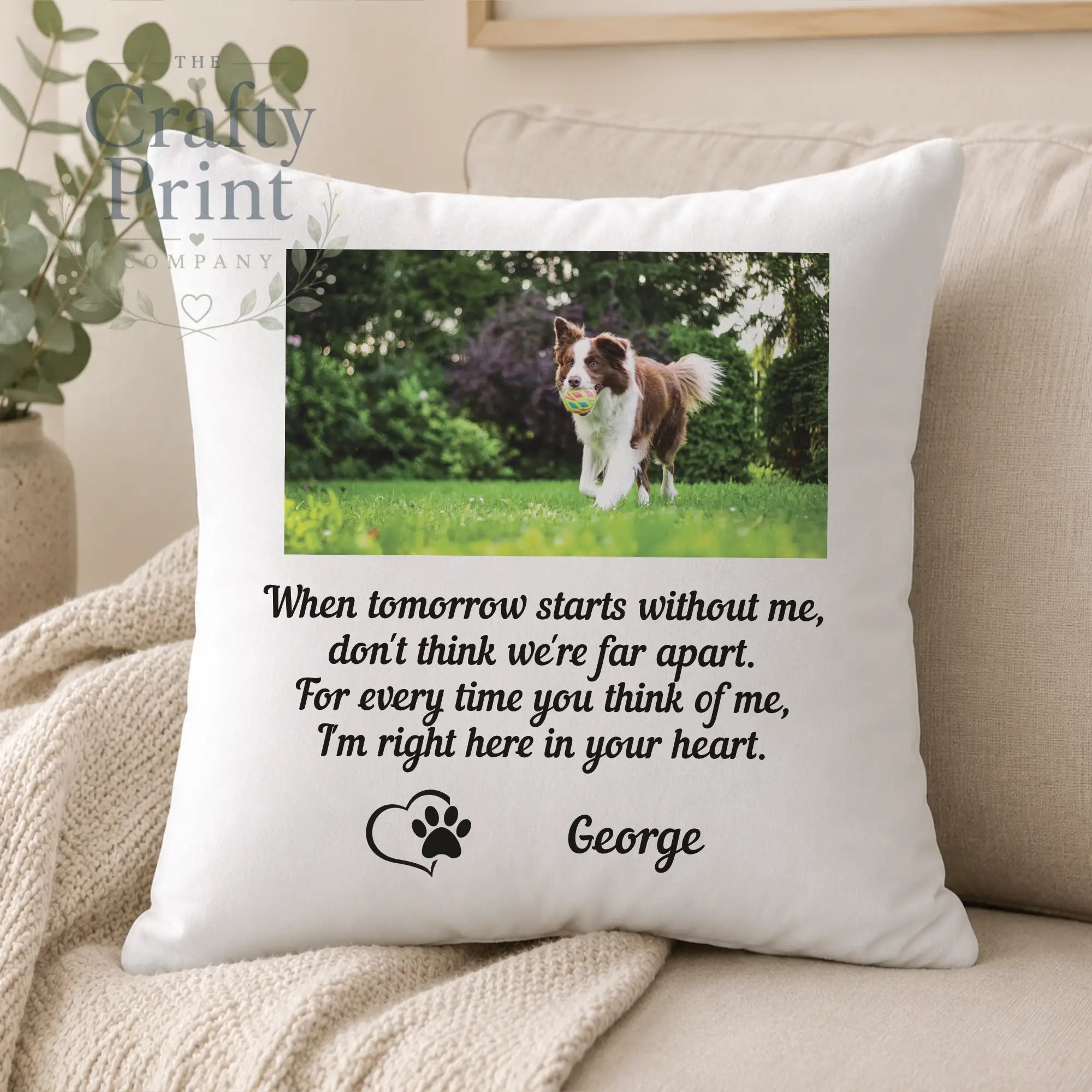 White square cushion cover featuring a brown and white border collie with ball and heartfelt personalised text on premium sublivelvet