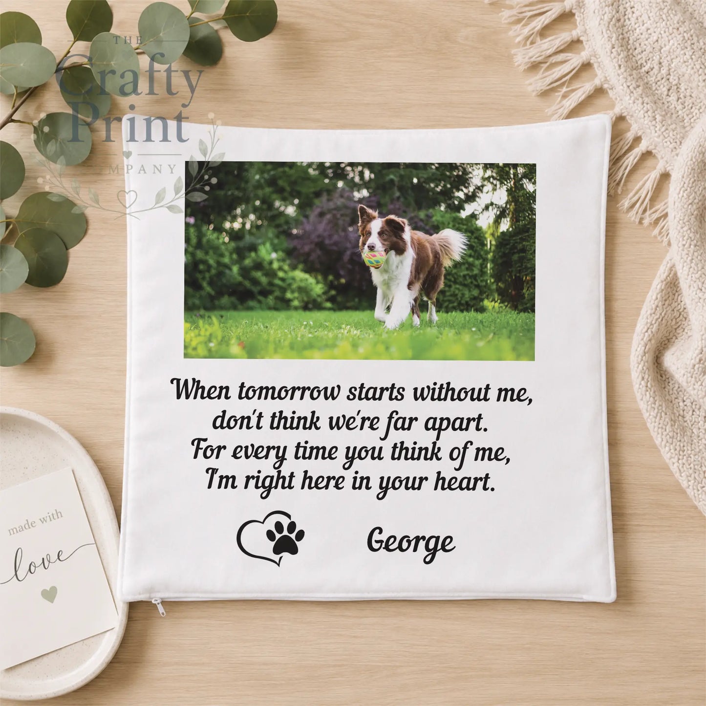 White square cushion cover with a printed border collie photo and black text on premium sublivelvet heartfelt personalised cushion