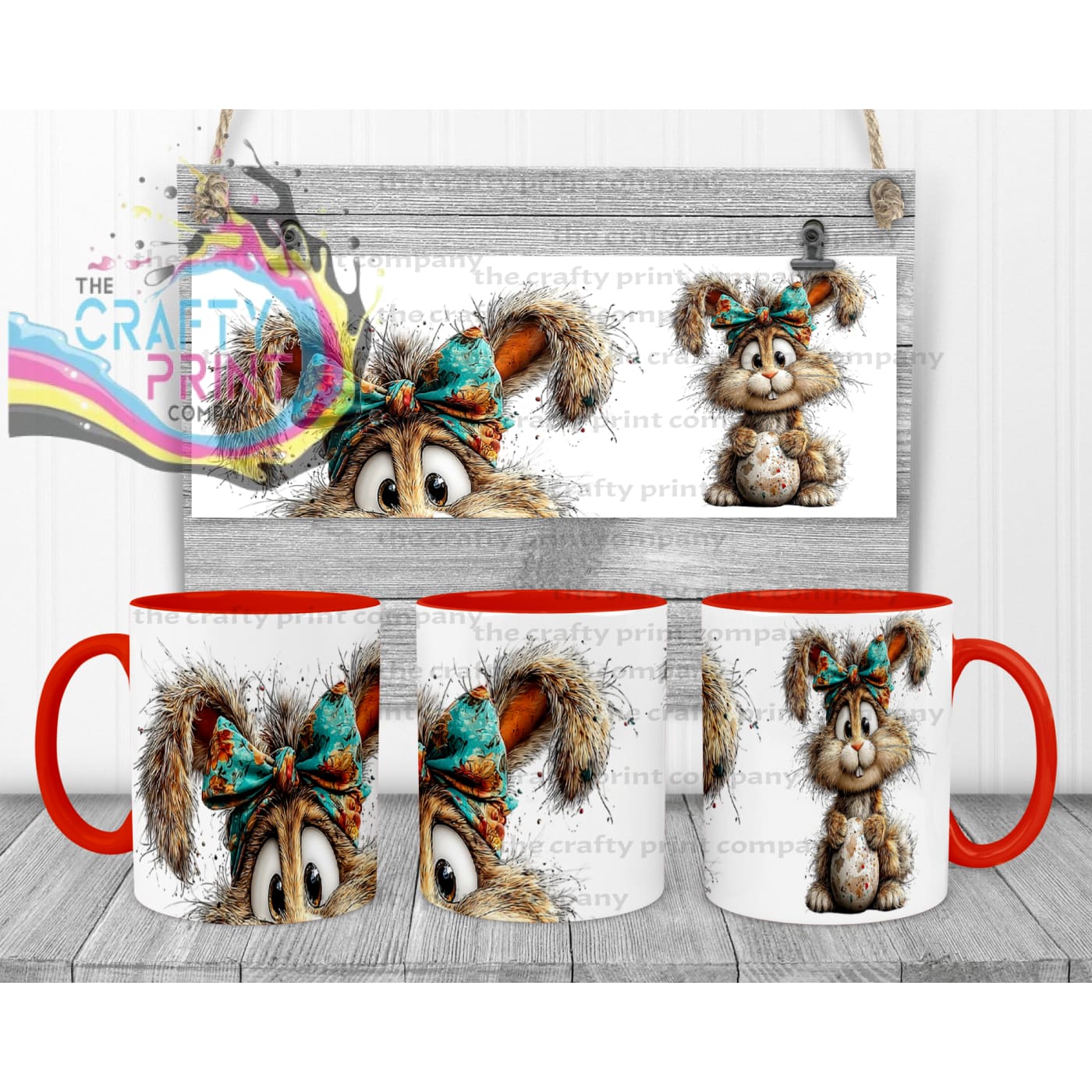 Whismical Rabbit Mug with suprise mouth - Red Handle &
