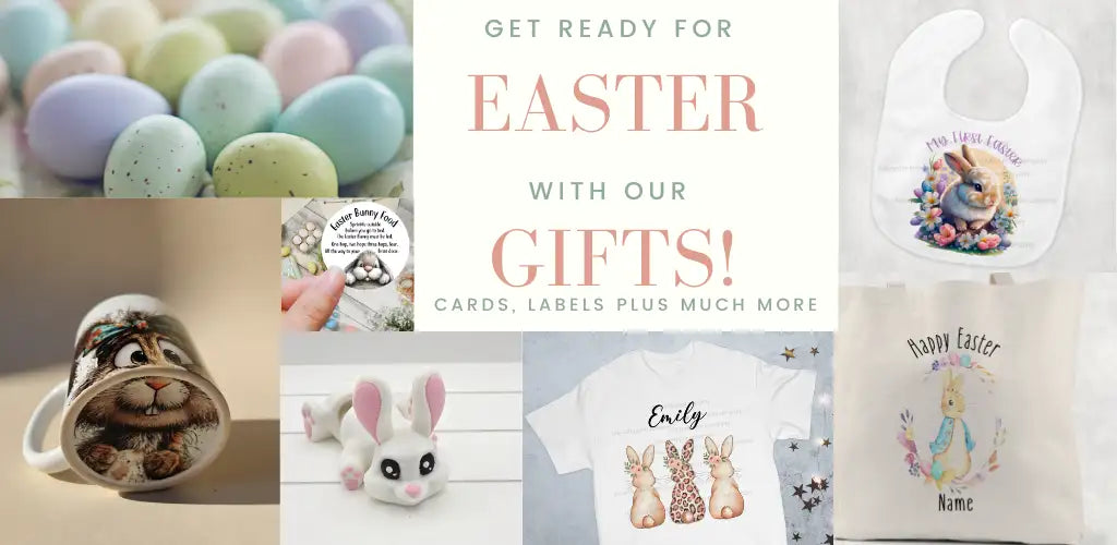 White bunny figurine with pink ears and black eyes