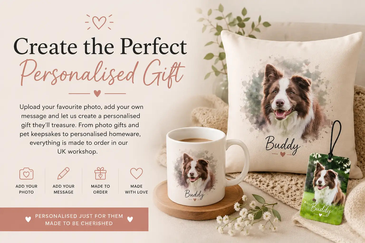 White ceramic mug featuring a watercolor-style portrait of a brown and white border collie named ’buddy’ with the name printed below.