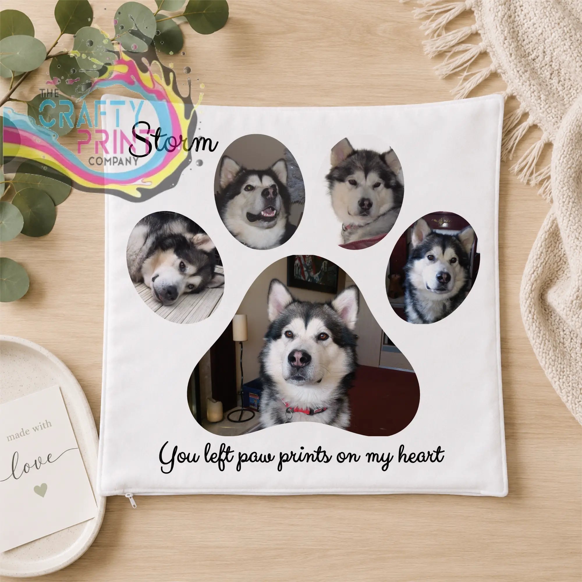 White cushion memorial photo pillow with paw prints design featuring husky storm and text you left paw prints on my heart