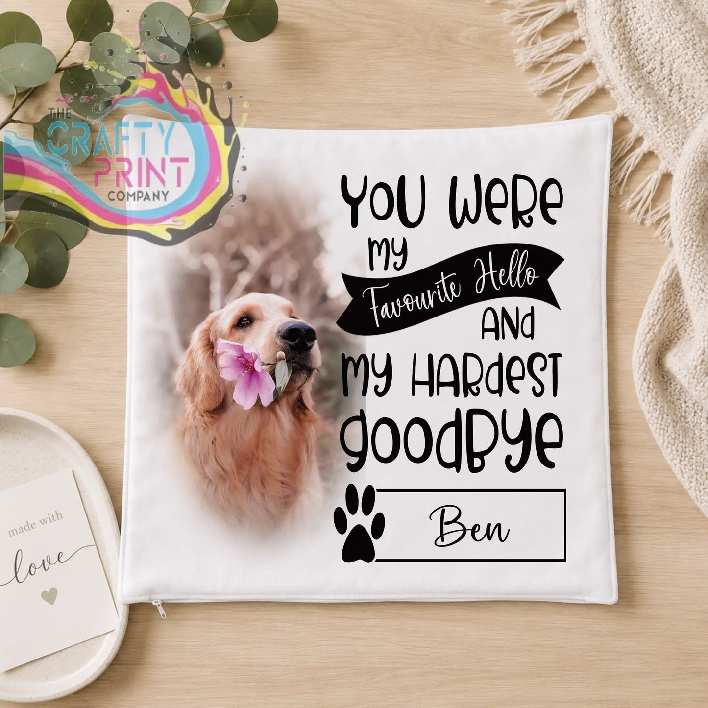 White cushion cover with golden retriever and pink flower personalized with ben in premium sublimelvet pet memorial design