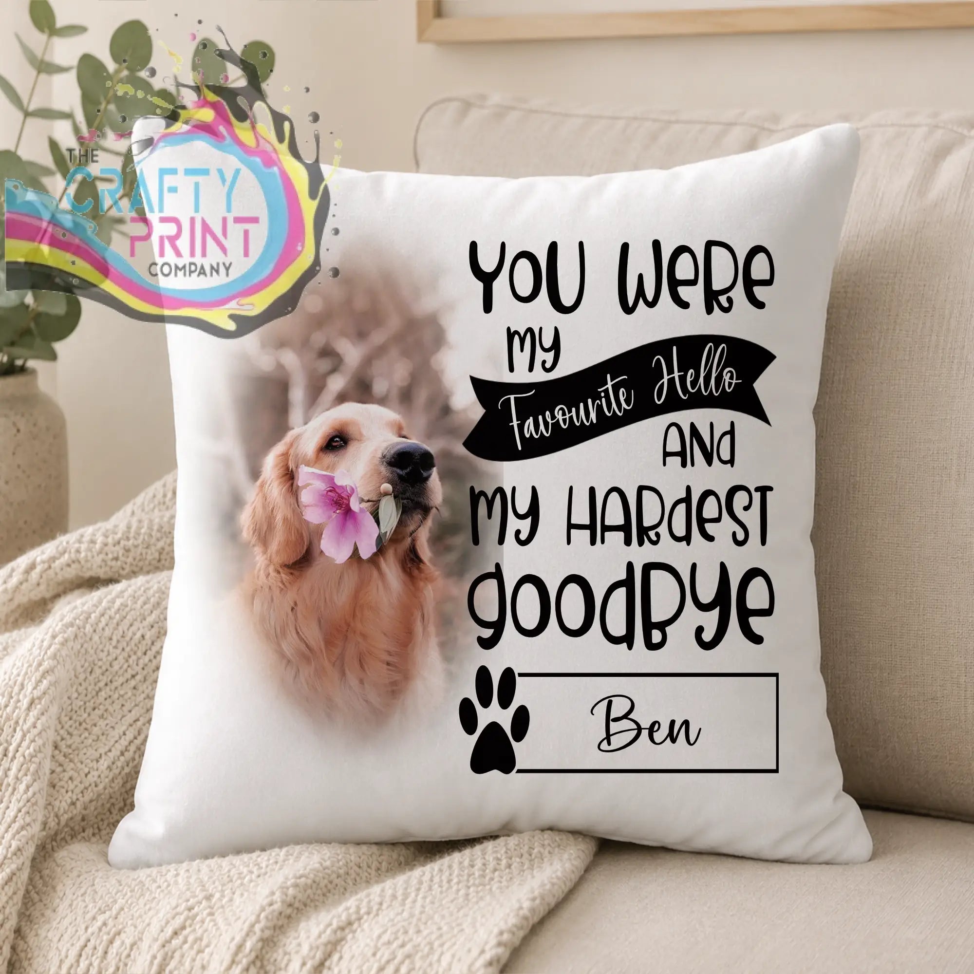 White throw pillow with golden retriever and pink flower featuring personalised cushion cover in premium sublivelvet
