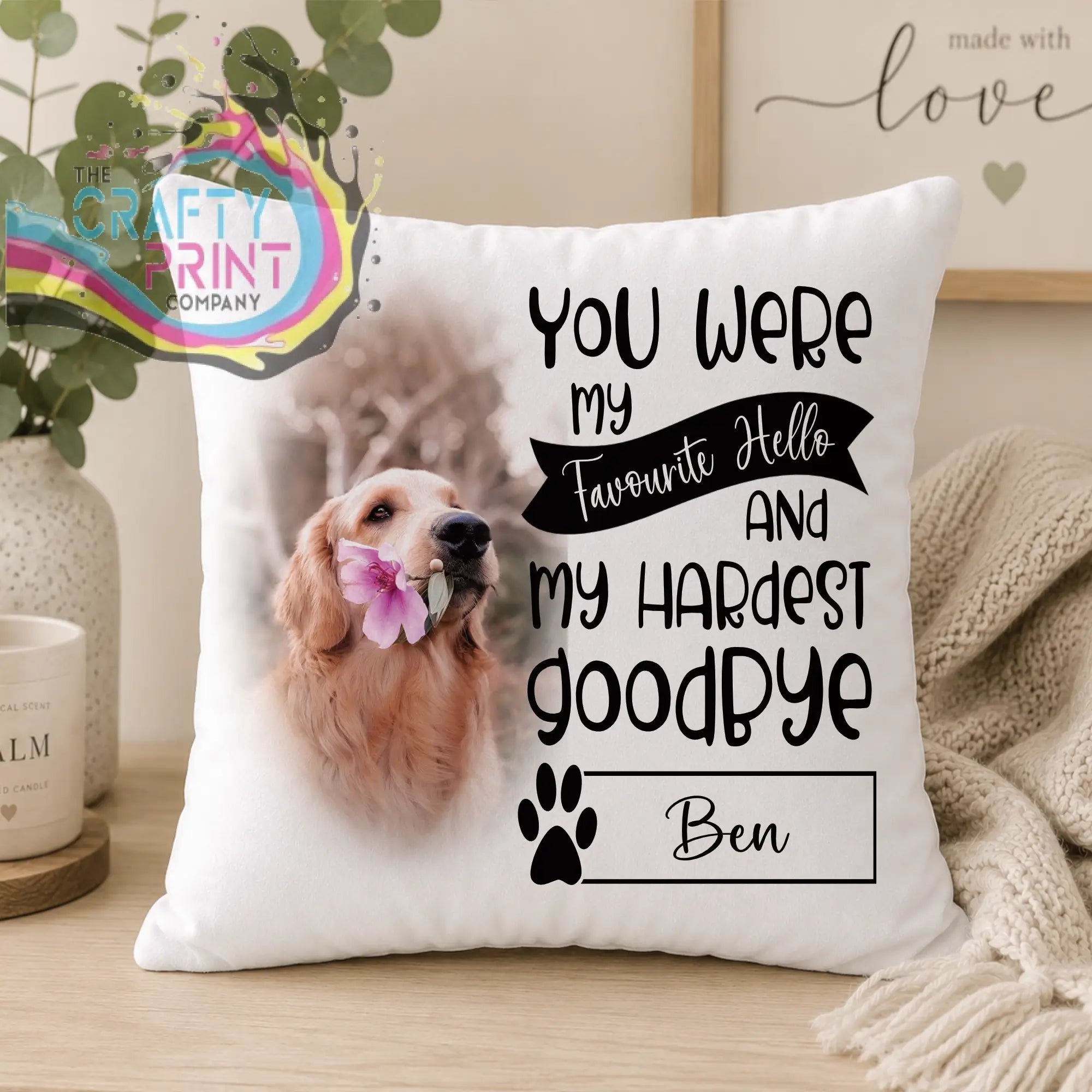 White throw cushion cover with golden retriever holding pink flower and personalised text on premium sublivelvet