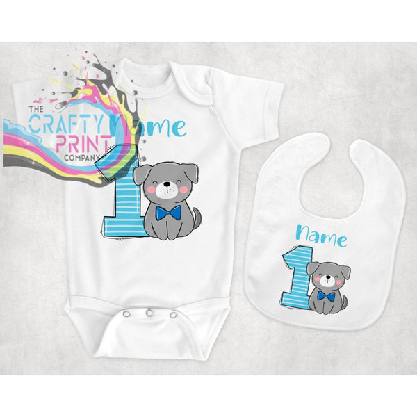 1st Birthday Dog Personalised Bodysuit - Blue - Baby