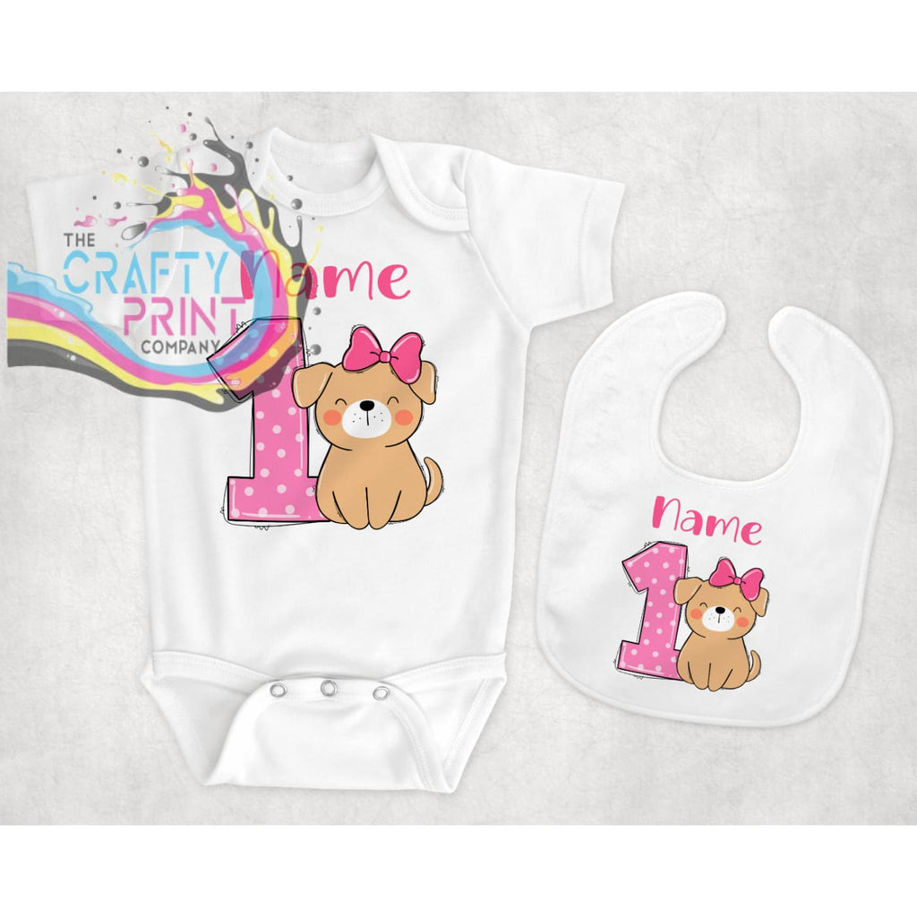 1st Birthday Dog Personalised Bodysuit - Pink - Baby