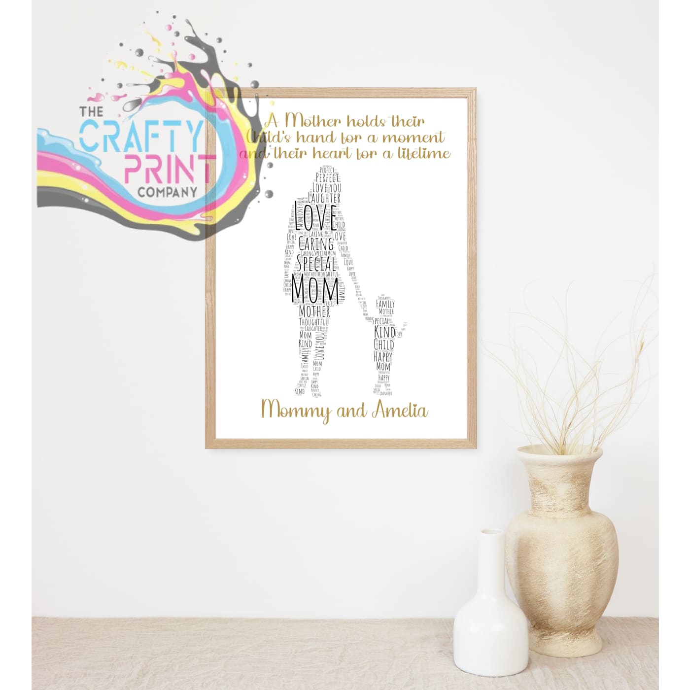 A mother holds their child’s hand Wordart Print - A4 / Gold