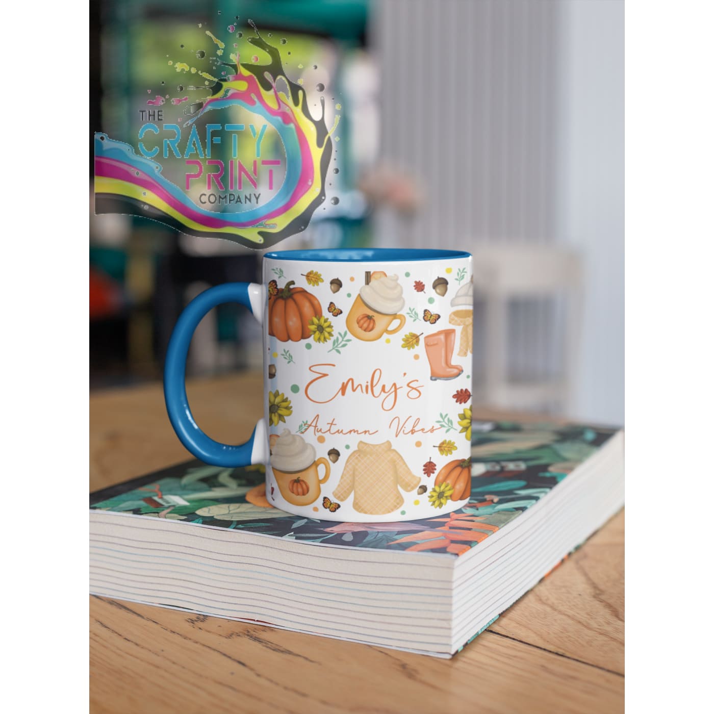 Autumn Vibes Personalised Mug - Blue Handle & Inner - Mugs