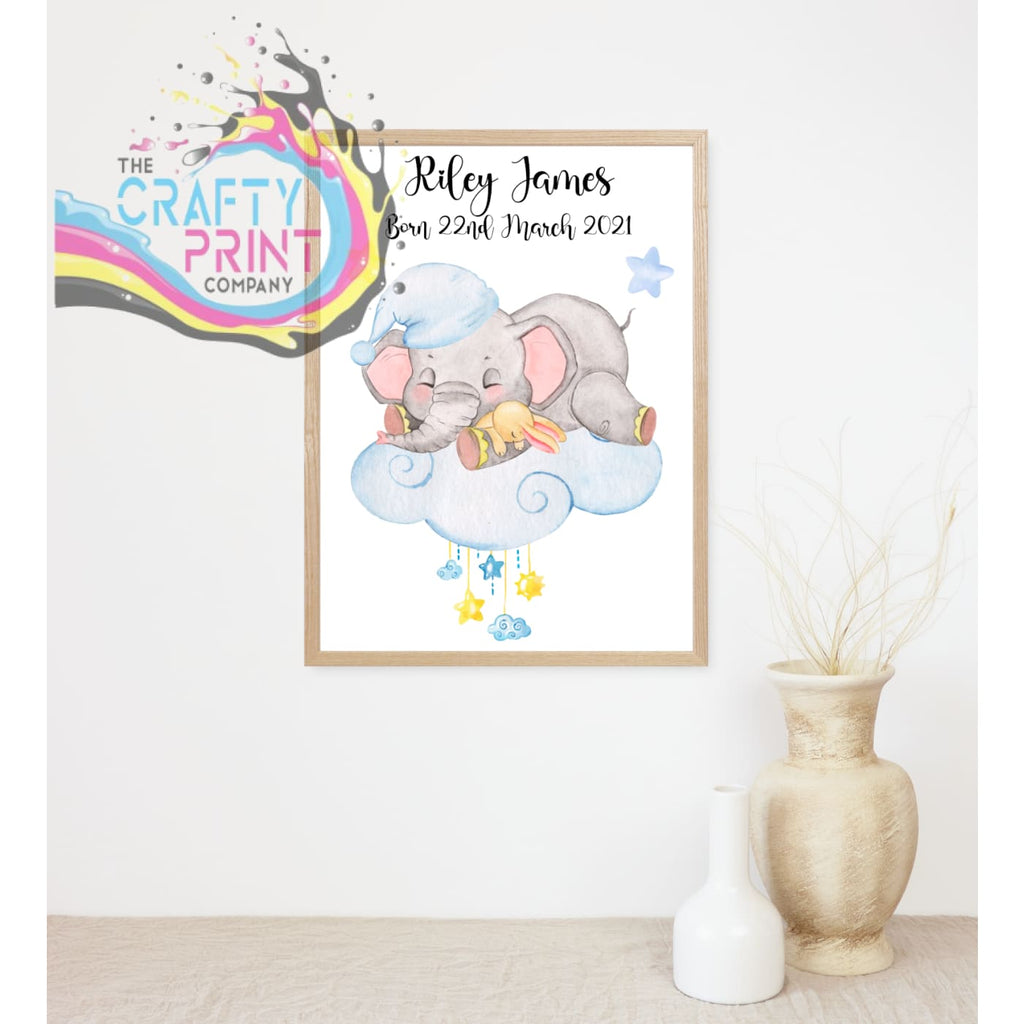 Baby Birth Elephant on Cloud Print - Blue - Posters Prints