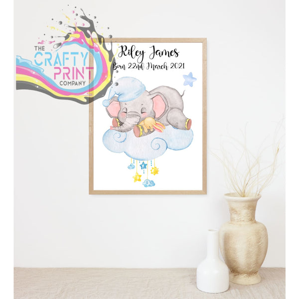 Baby Birth Elephant on Cloud Print - Blue - Posters Prints