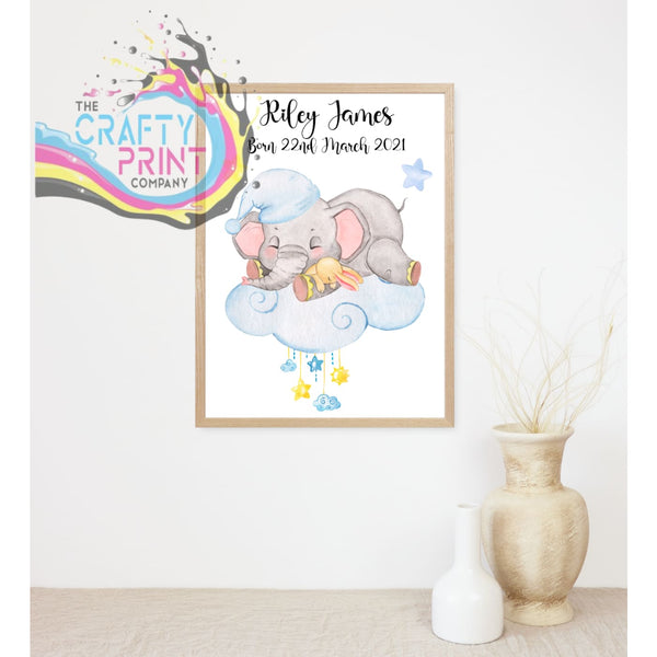 Baby Birth Elephant on Cloud Print - Blue - Posters Prints &
