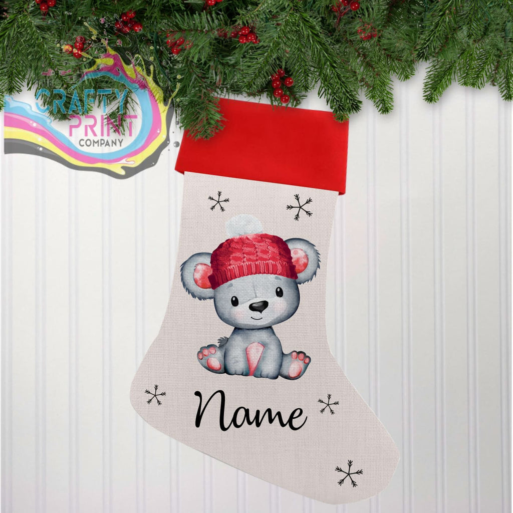 Bear with Red Hat Personalised Linen Christmas Stocking -