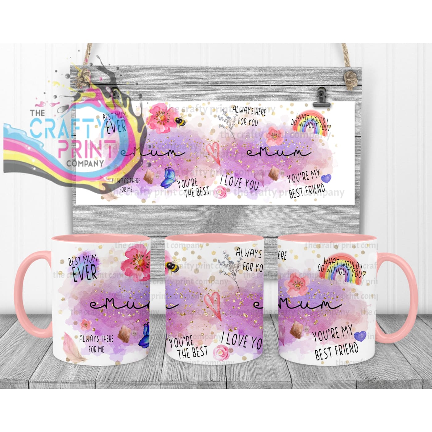 Best Mom Watercolour Rainbow Mug - Pink Handle & Inner