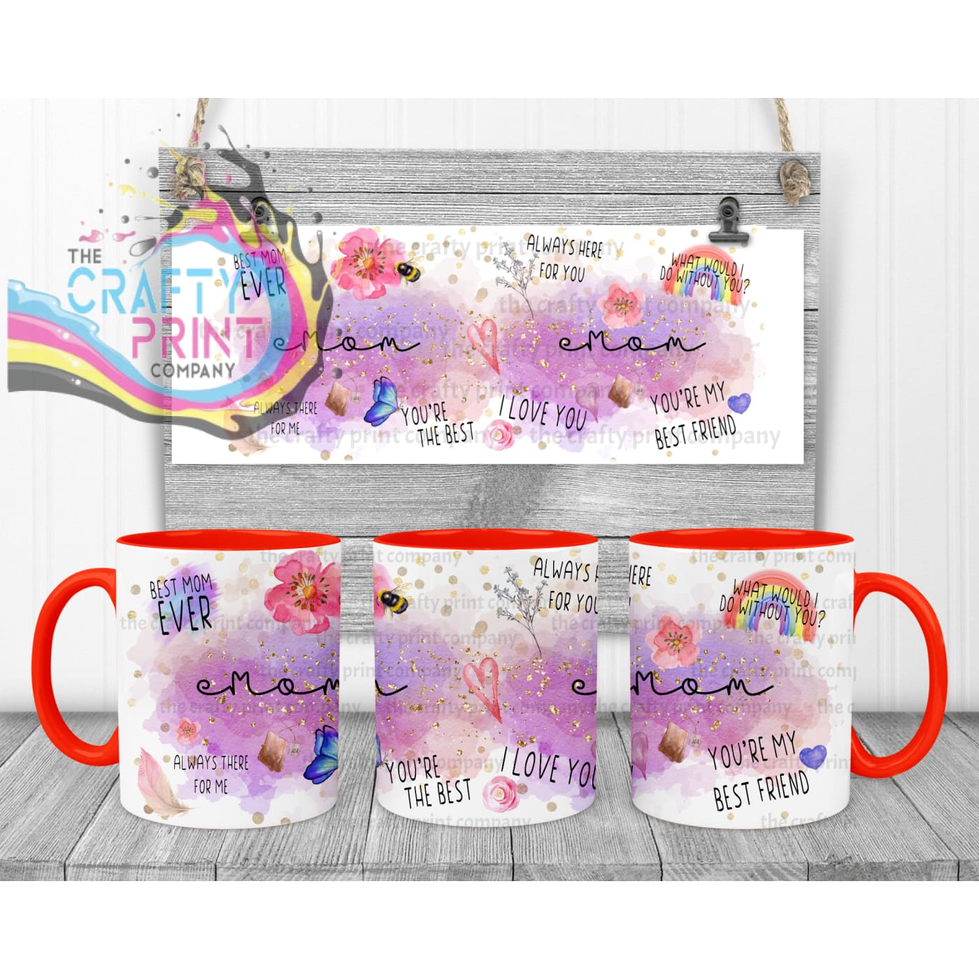 Best Mom Watercolour Rainbow Mug - Red Handle & Inner / Mugs