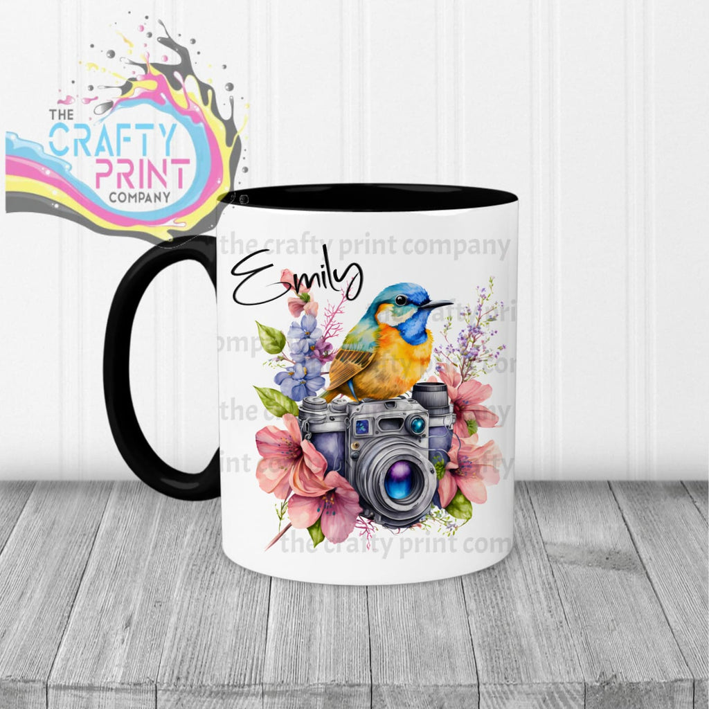 Bird on Camera with flowers Mug - Black Handle & Inner -