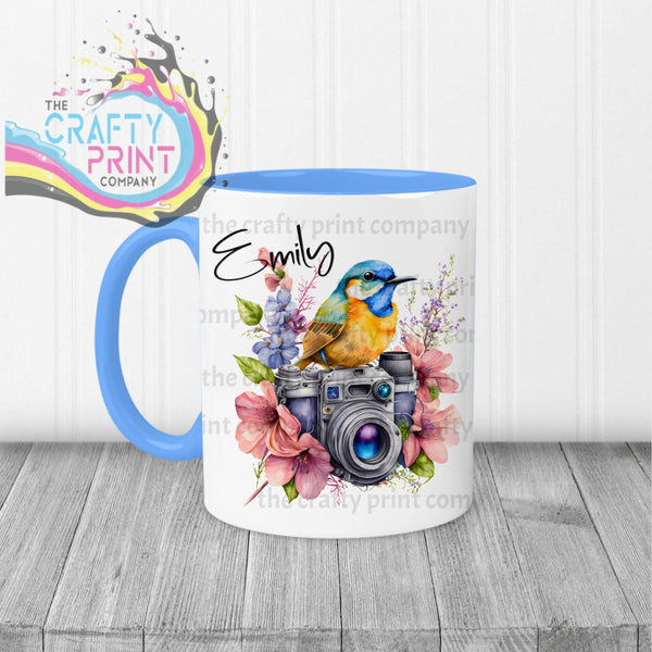 Bird on Camera with flowers Mug - Blue Handle & Inner - Mugs
