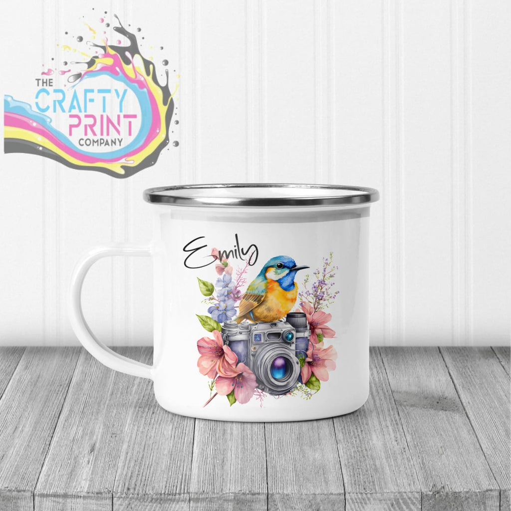 Bird on Camera with flowers Mug - Enamel - Mugs