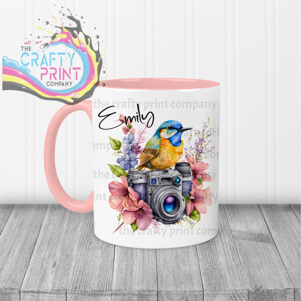 Bird on Camera with flowers Mug - Pink Handle & Inner - Mugs