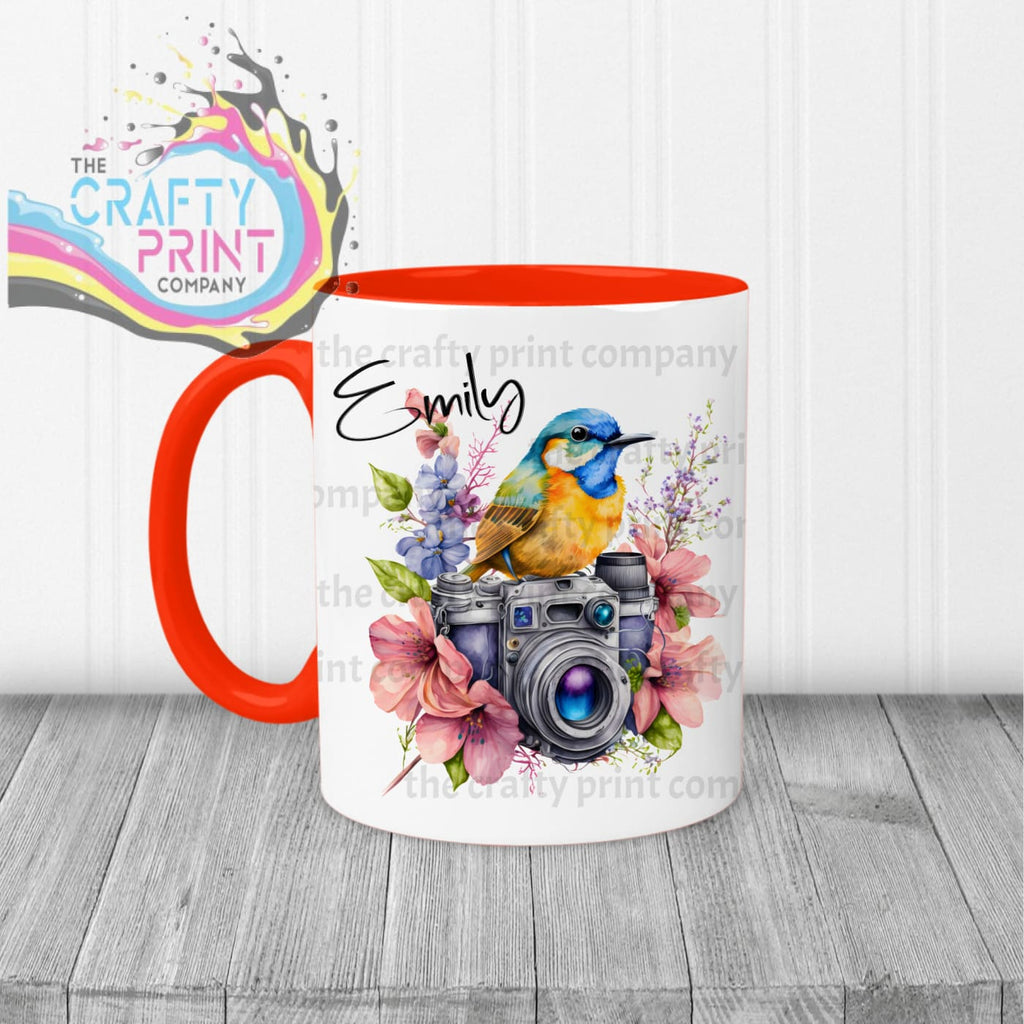 Bird on Camera with flowers Mug - Red Handle & Inner - Mugs