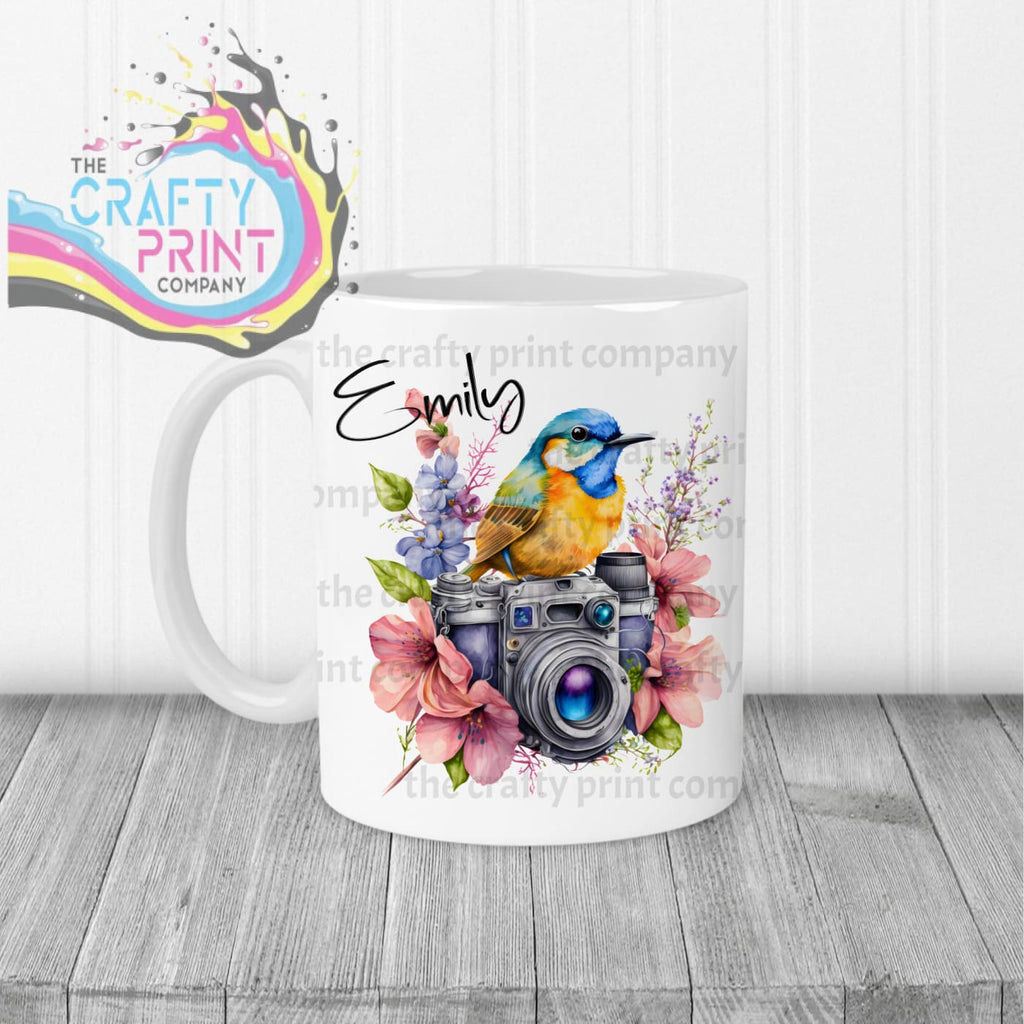 Bird on Camera with flowers Mug - White Handle & Inner -