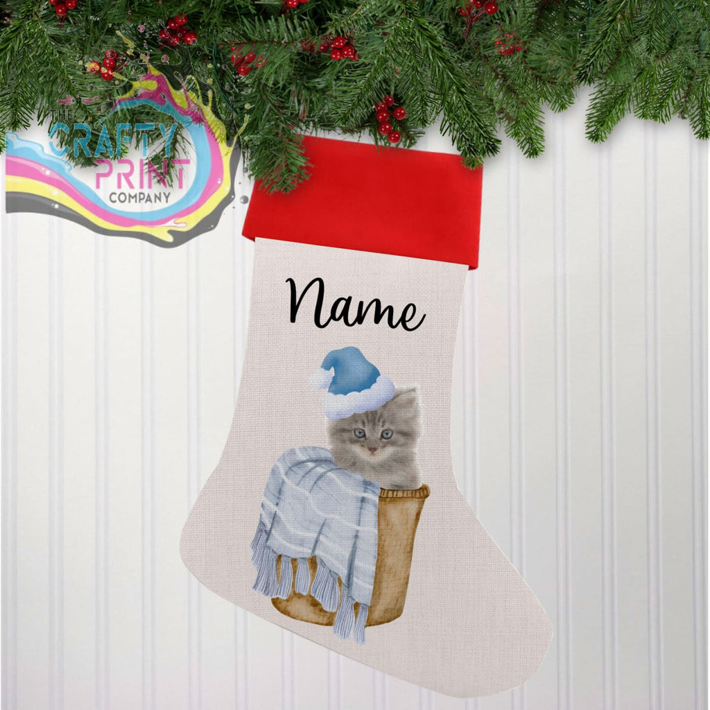 Blue Kitten Personalised Linen Christmas Stocking - Holiday