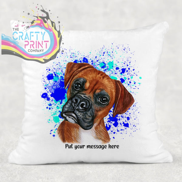 Boxer Paint Splatter Personalised Cushion - Blue - Green