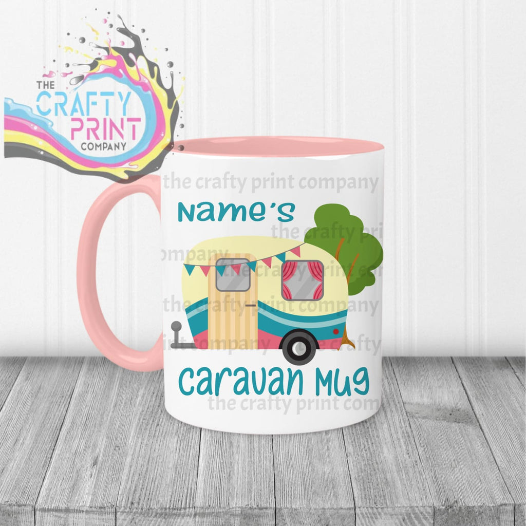 Personalised Caravan Mug - Pink Handle & Inner / Blue - Mugs