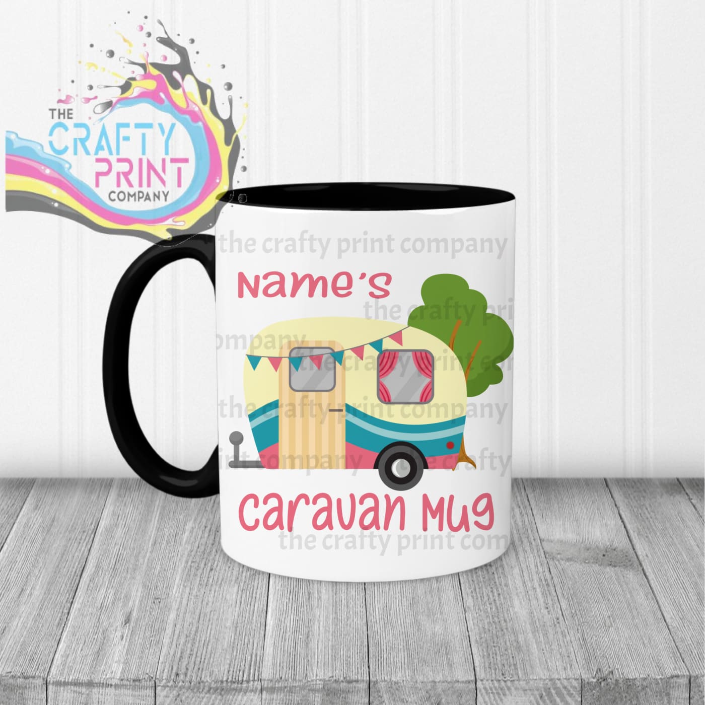 Personalised Caravan Mug - Black Handle & Inner / Pink