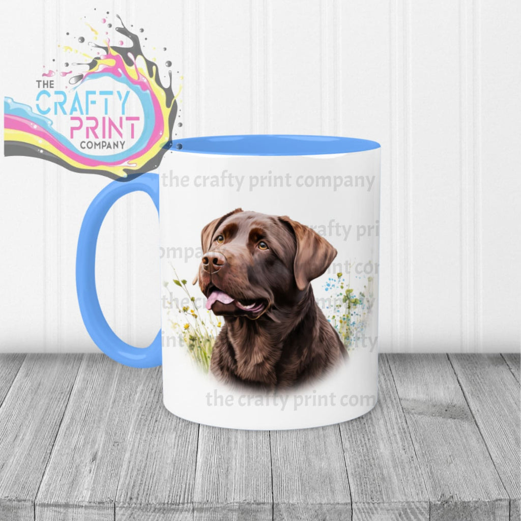 Chocolate Labrador Mug with flowers design - Blue Handle &