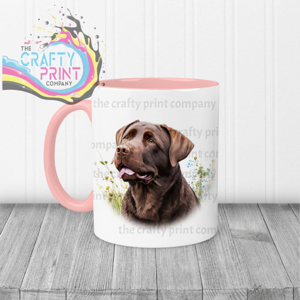 Chocolate Labrador Mug with flowers design - Pink Handle &