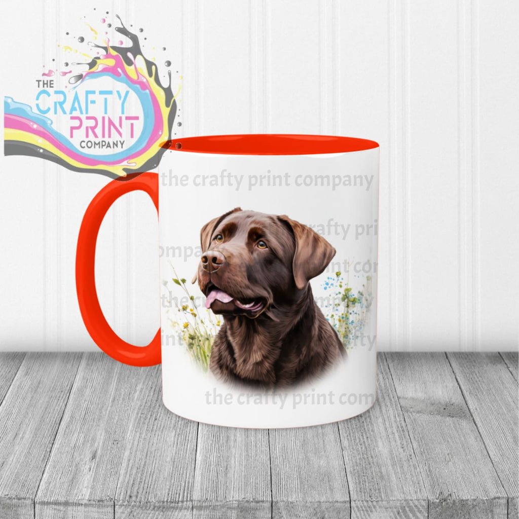 Chocolate Labrador Mug with flowers design - Red Handle &