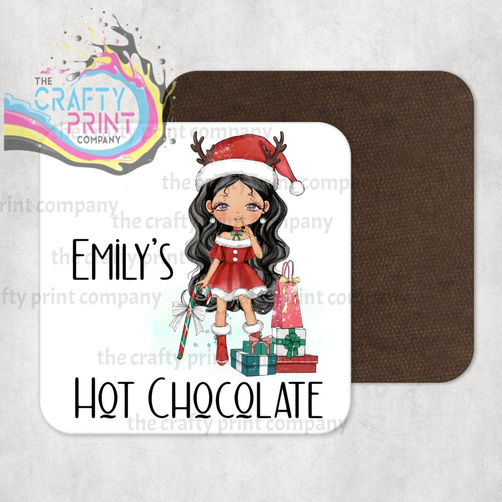 Christmas Ready Girl Personalised Coaster - Black Hair /