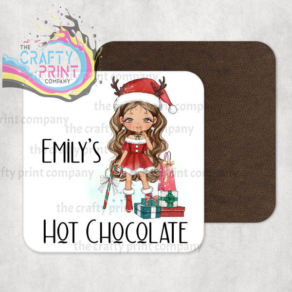 Christmas Ready Girl Personalised Coaster - Brunette Hair /