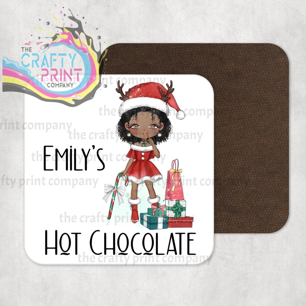 Christmas Ready Girl Personalised Coaster - Dark Skinned