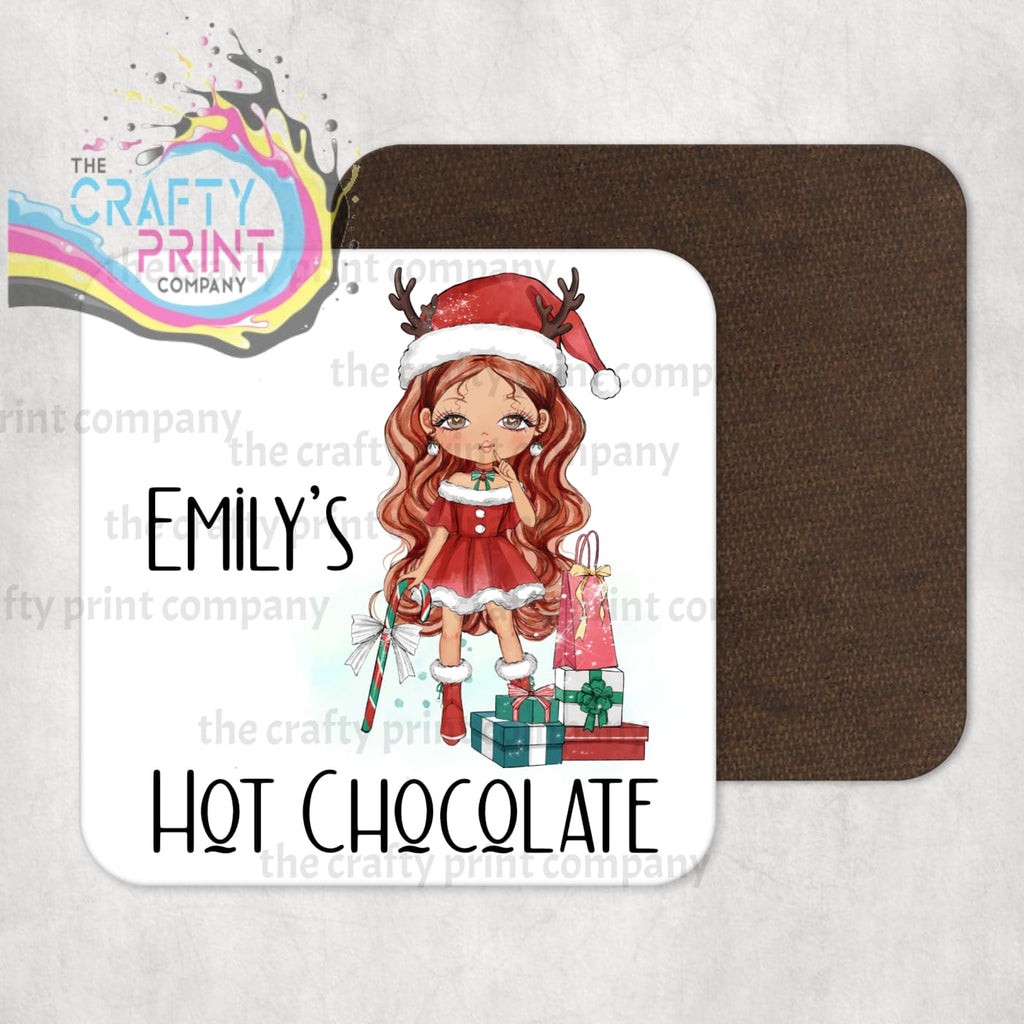 Christmas Ready Girl Personalised Coaster - Red Hair / Brown
