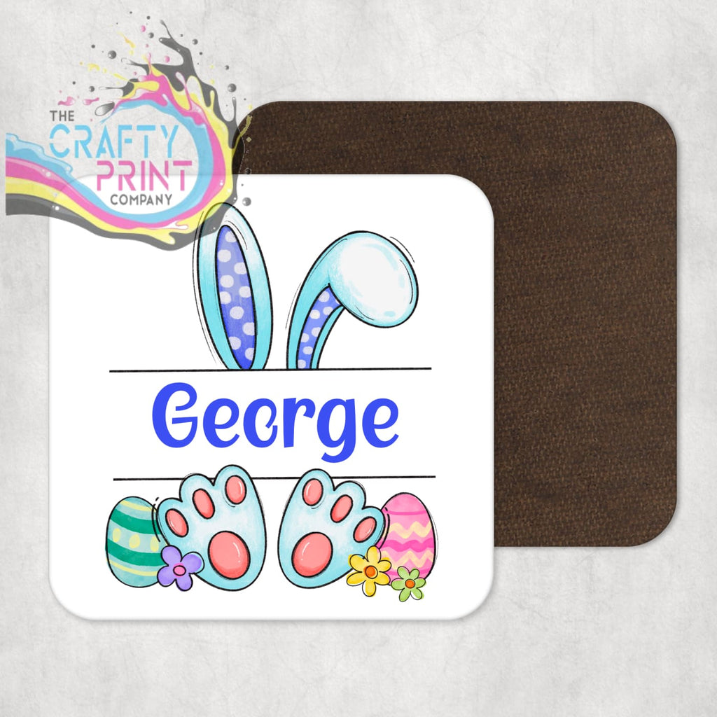 Easter Bunny Ears Feet Personalised Coaster - Blue -