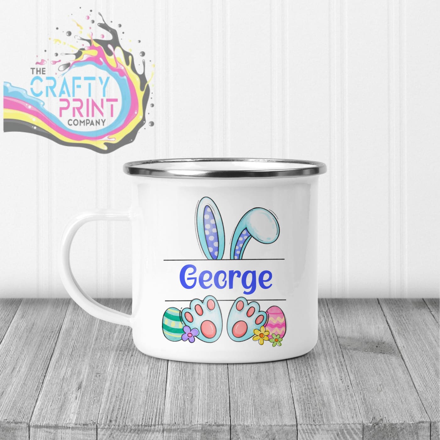 Easter Bunny Ears Feet Personalised Mug - Enamel / Blue