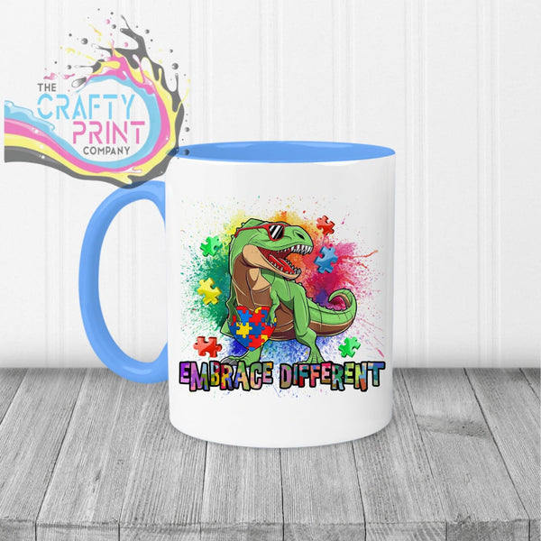 Embrace Different Autism Dinosaur Mug - Blue Handle & Inner