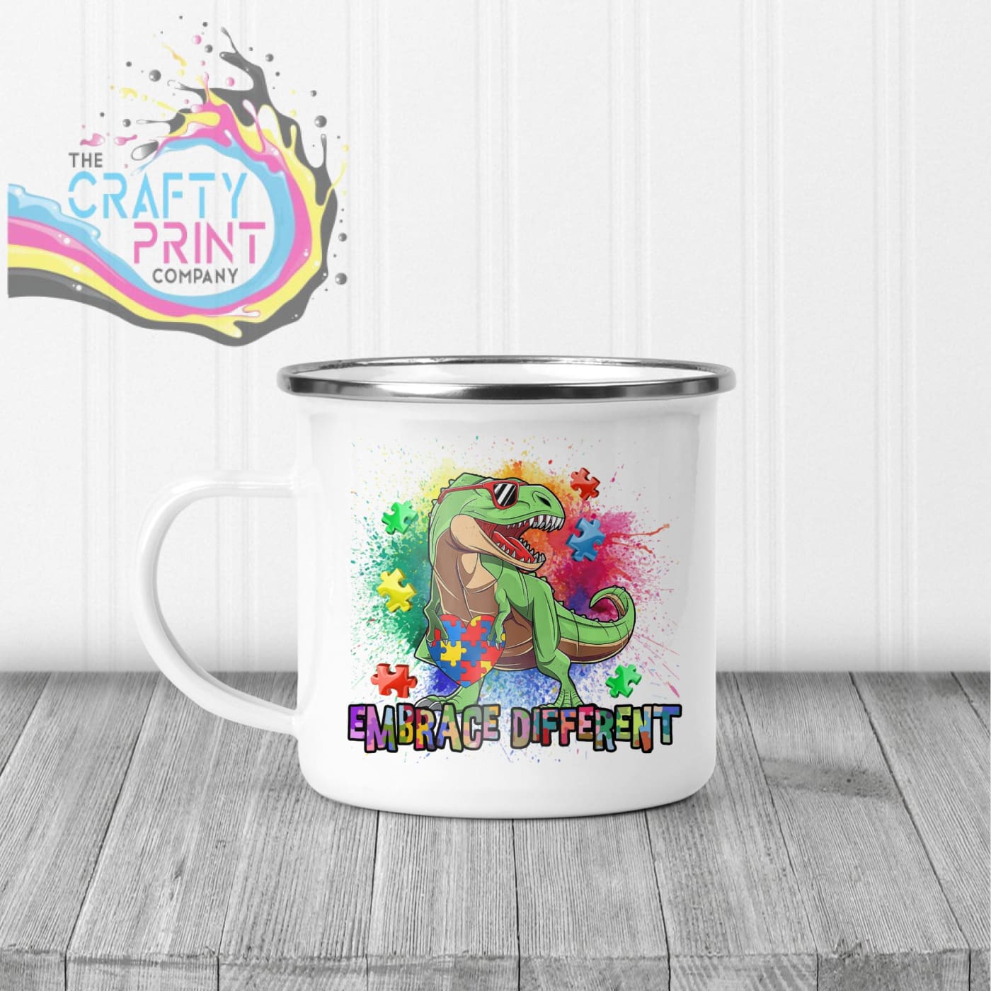 Embrace Different Autism Dinosaur Mug - Enamel - Mugs