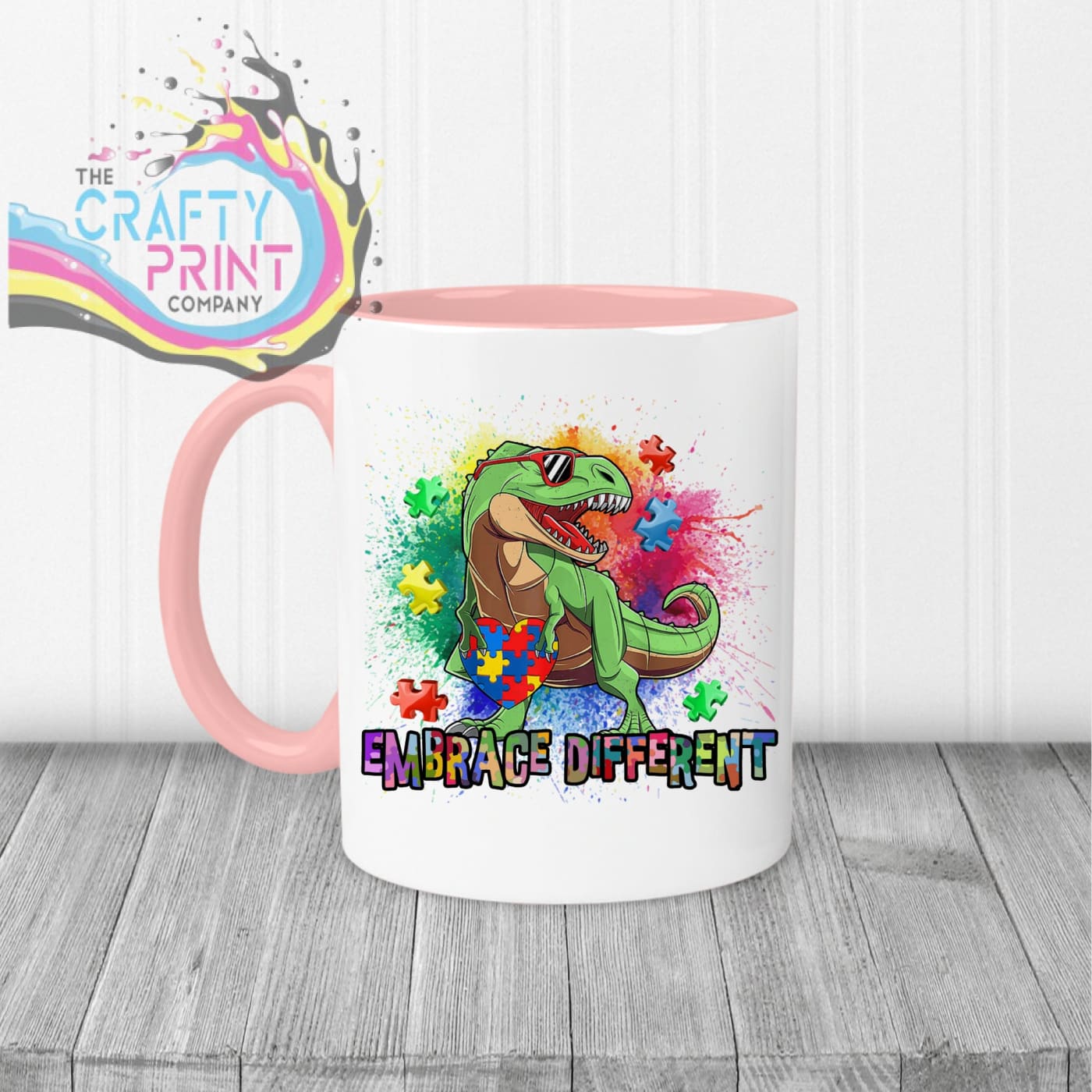 Embrace Different Autism Dinosaur Mug - Pink Handle & Inner