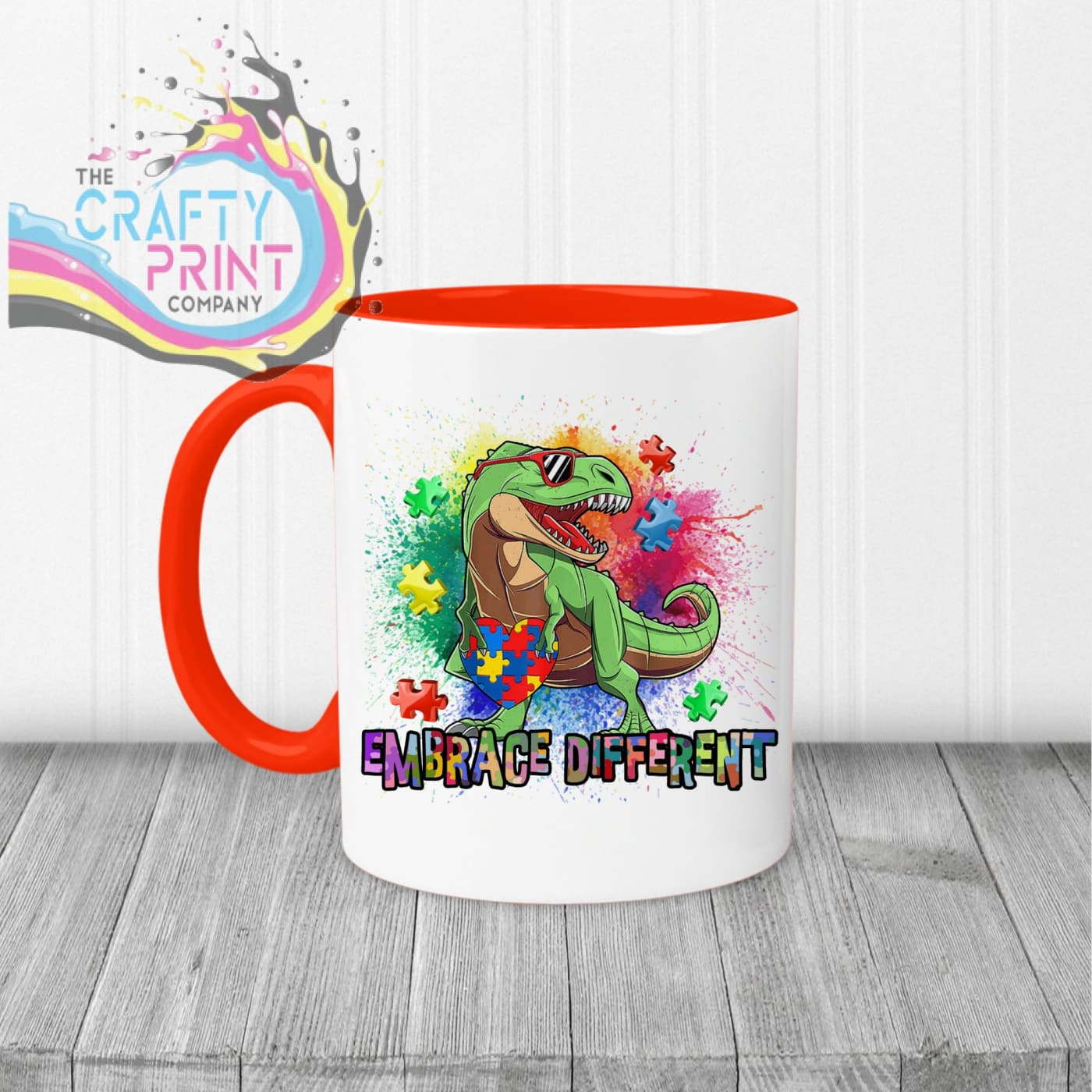 Embrace Different Autism Dinosaur Mug - Red Handle & Inner