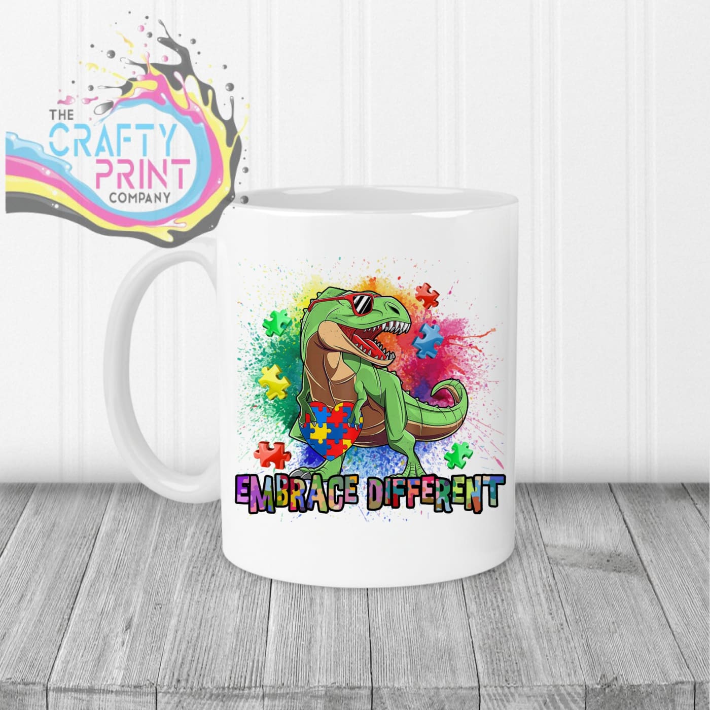 Embrace Different Autism Dinosaur Mug - White Handle &