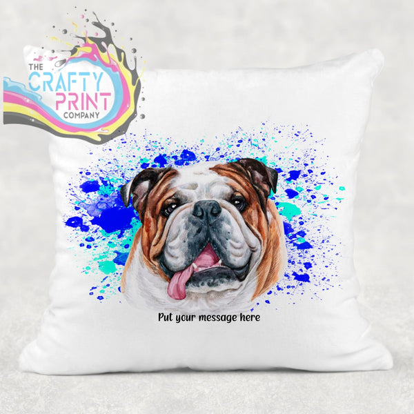 English Bulldog Paint Splatter Personalised Cushion - Blue -