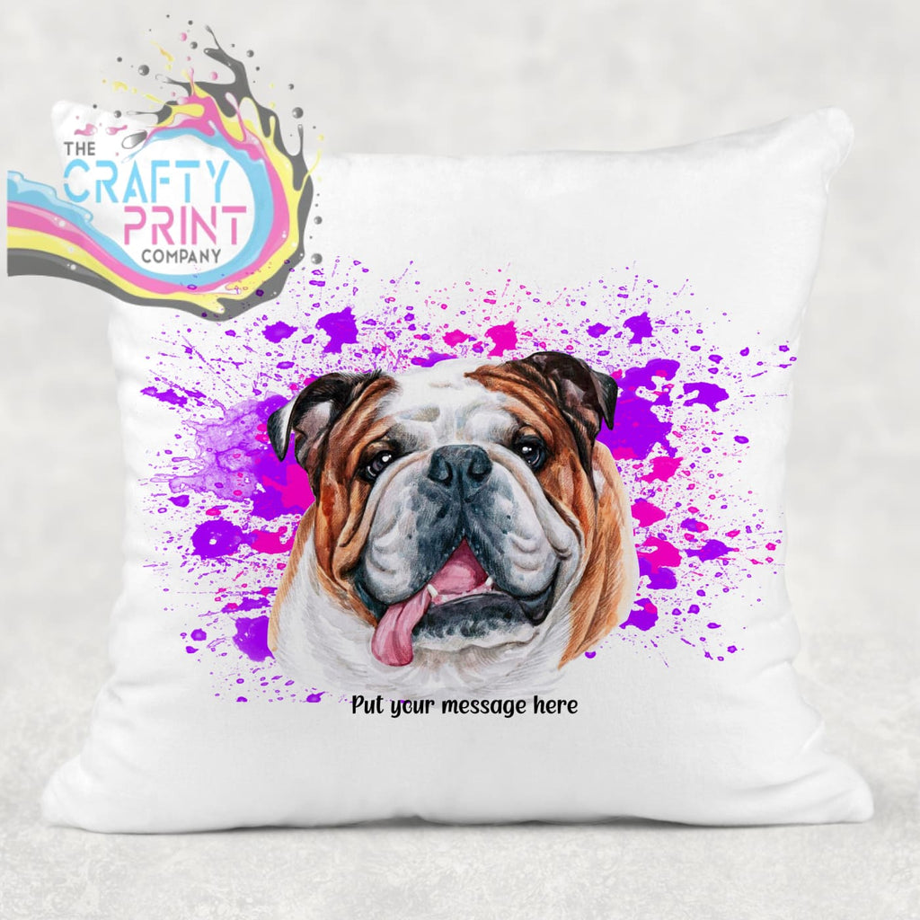English Bulldog Paint Splatter Personalised Cushion - Pink -