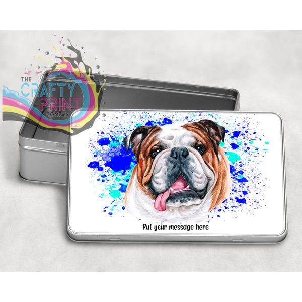 English Bulldog Paint Splatter Personalised Metal Tin - Blue