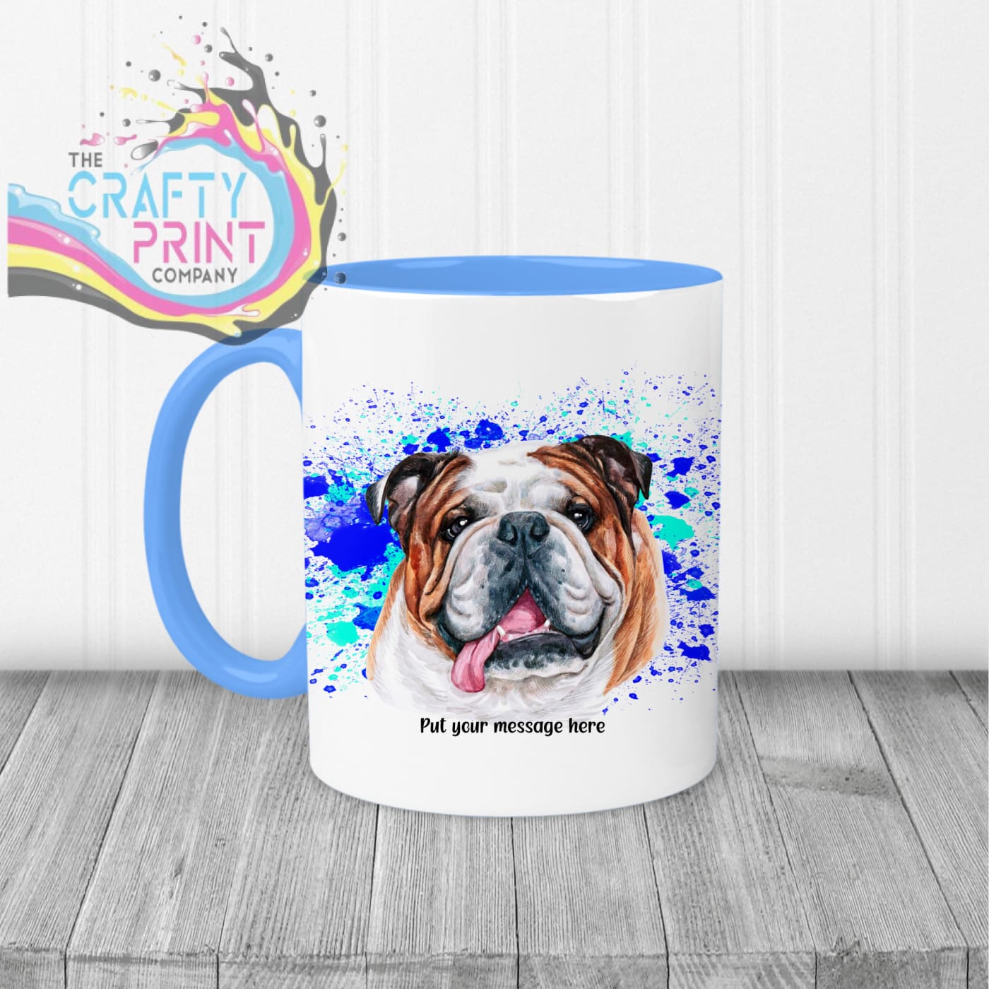 English Bulldog Paint Splatter Personalised Mug - Blue