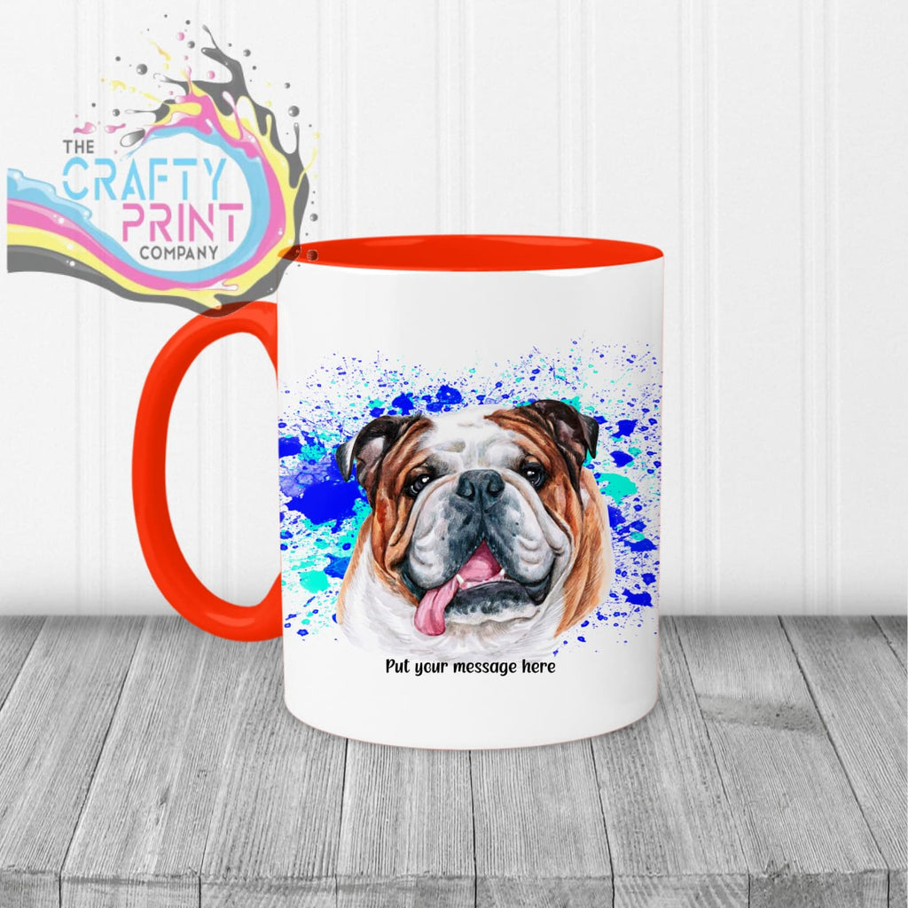 English Bulldog Paint Splatter Personalised Mug - Red Handle